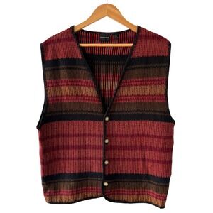 Vintage 90s Structure Mens L Striped Sweater Vest Grandpa Ramie Cotton Red Brown